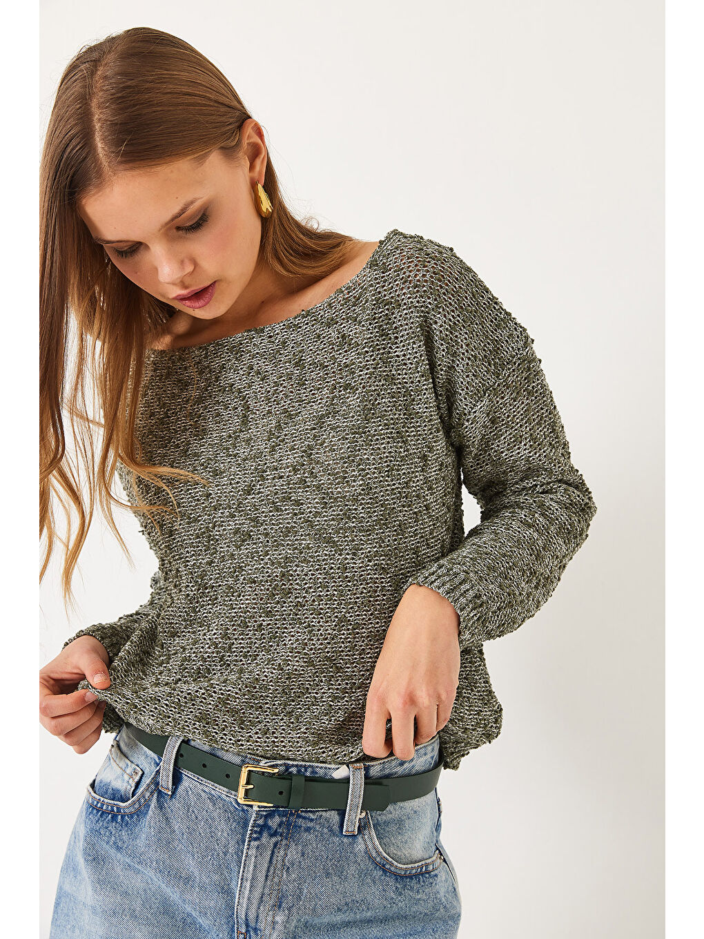 Yeşil Kadın Kayık Yaka File Detay Ajurlu Triko Bluz-4