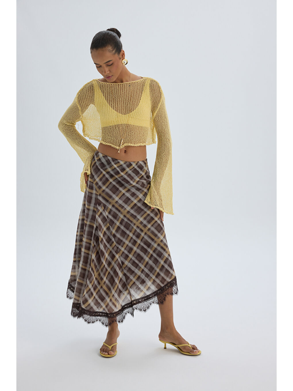 Maffy Dantel Detay Ekoseli Sarı Midi Etek