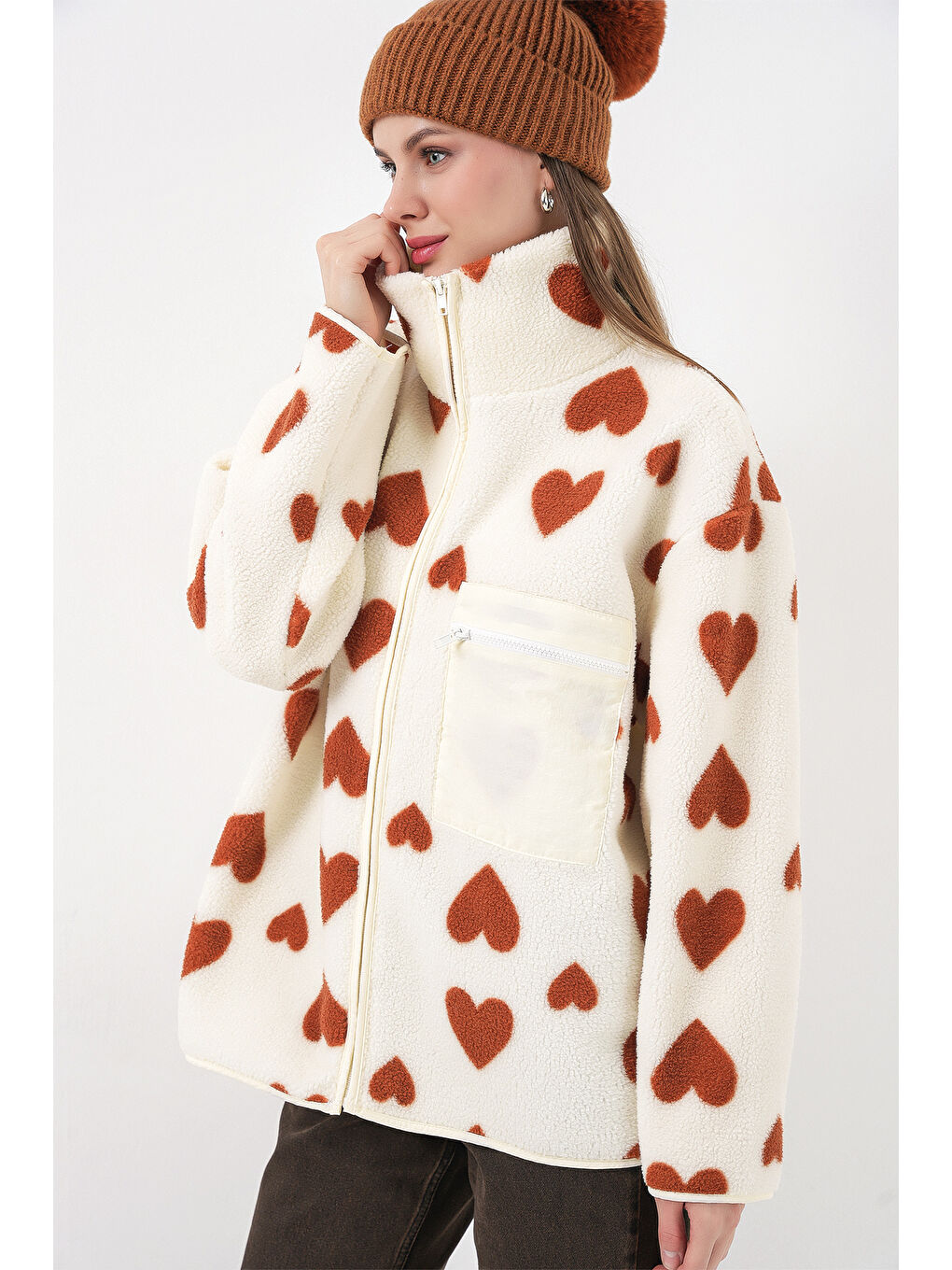 Bej 55446 Fermuarlı Oversize Pelüş Ceket Mont - K. Taba-4