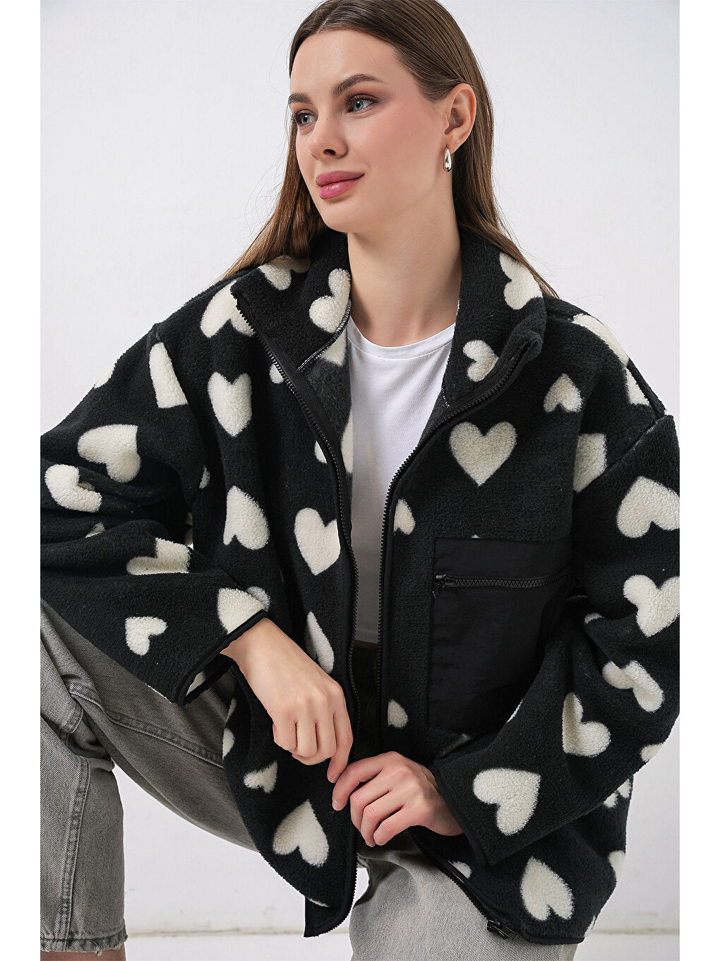 55446 Fermuarlı Oversize Pelüş Ceket Mont - K. Siyah-4