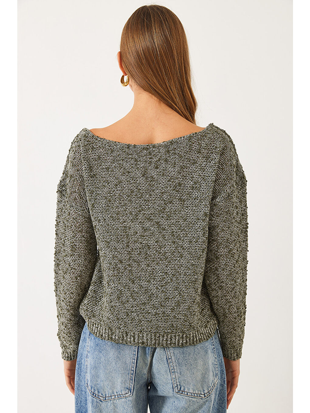 Yeşil Kadın Kayık Yaka File Detay Ajurlu Triko Bluz-6