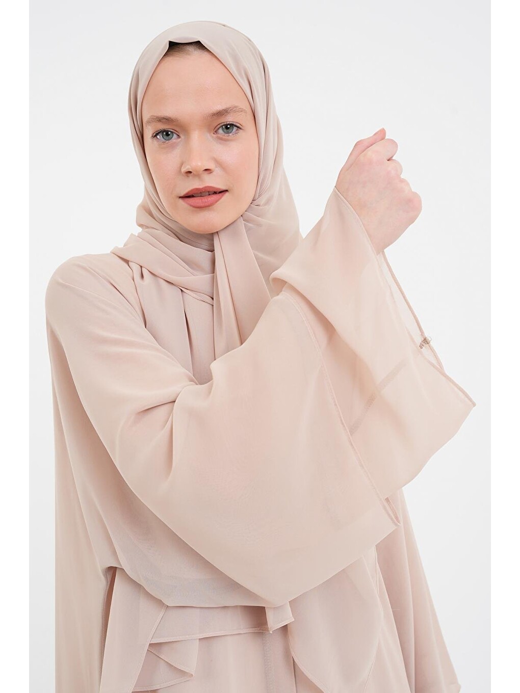 Koyu Bej Kadın Şifon Abaya Ferace & Şal-5