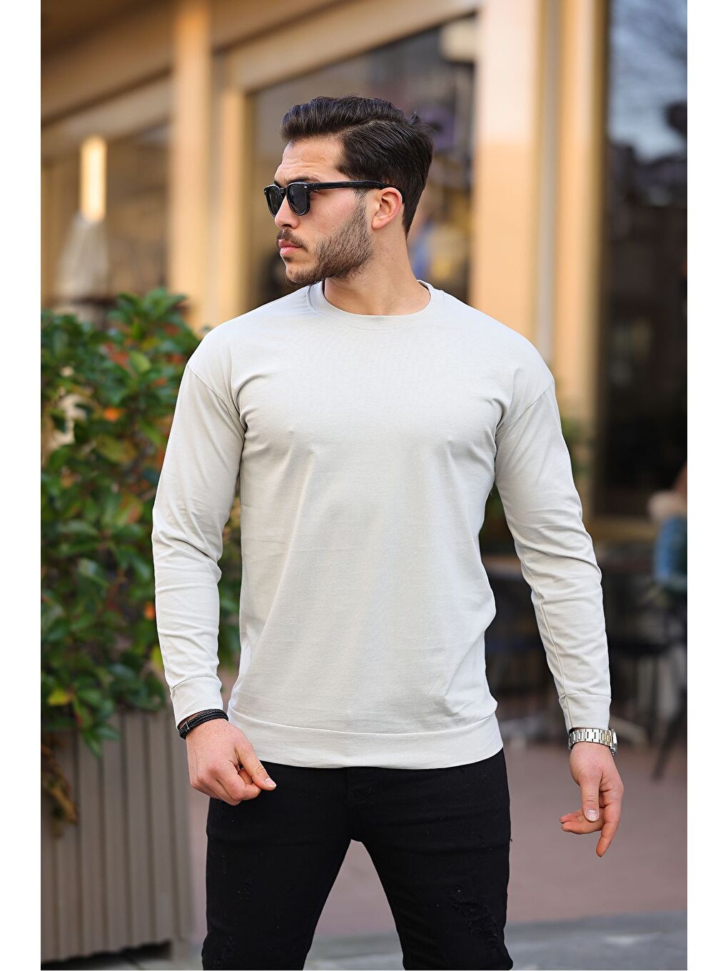 Bej Sıfır Yaka Oversize Sweatshirt-1