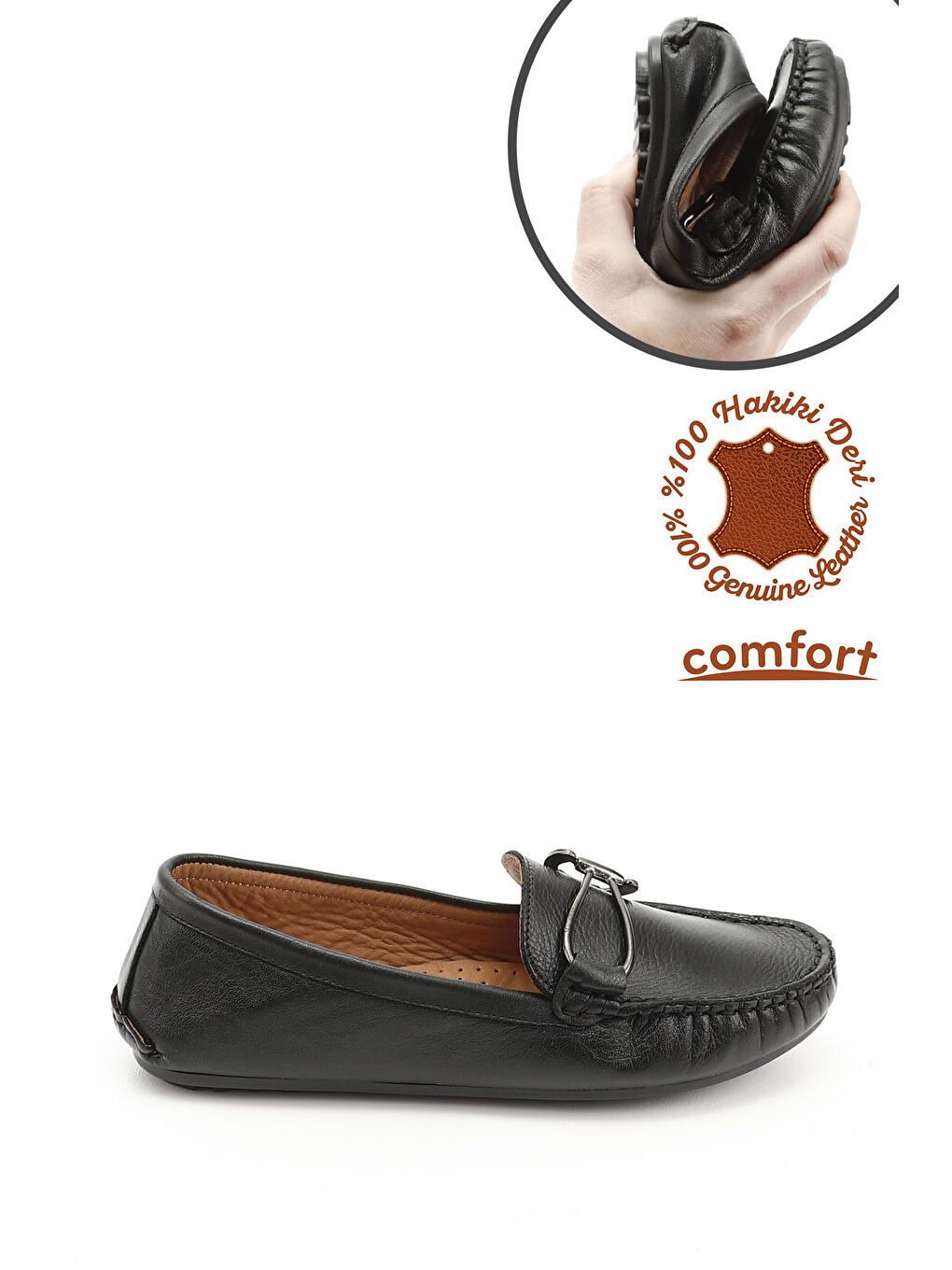 Mor Kadın ZÜMRÜT-SİYAH Tokalı Rok Hakiki Deri Comfort Loafer