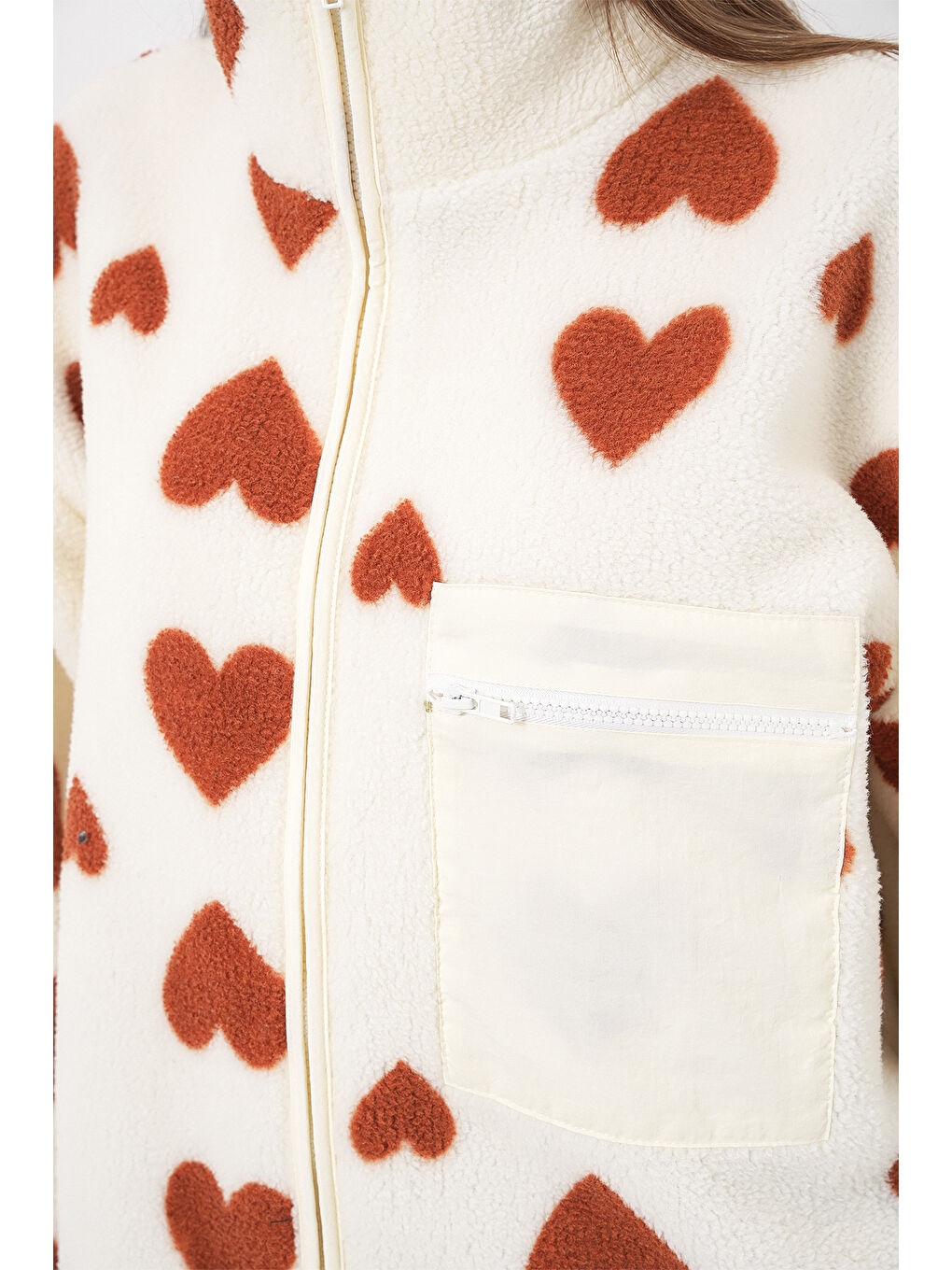 Bej 55446 Fermuarlı Oversize Pelüş Ceket Mont - K. Taba-5