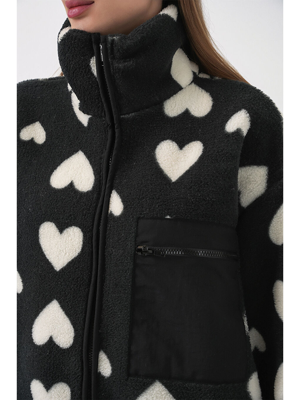 55446 Fermuarlı Oversize Pelüş Ceket Mont - K. Siyah-5