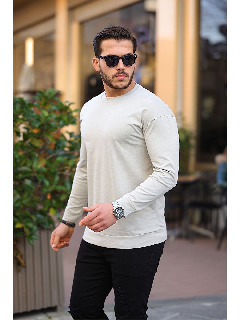 Bej Sıfır Yaka Oversize Sweatshirt-2