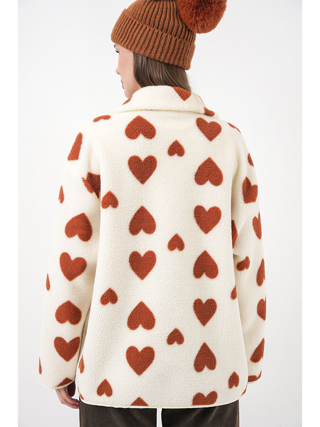 Bej 55446 Fermuarlı Oversize Pelüş Ceket Mont - K. Taba-6