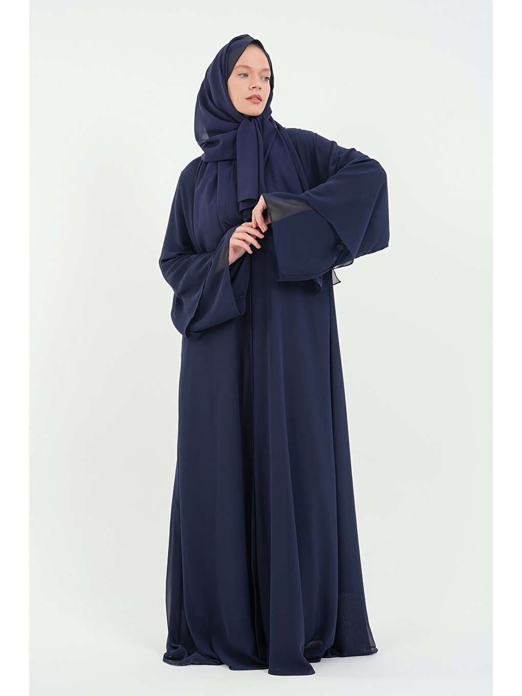 Koyu Lacivert Kadın Şifon Abaya Ferace & Şal-5