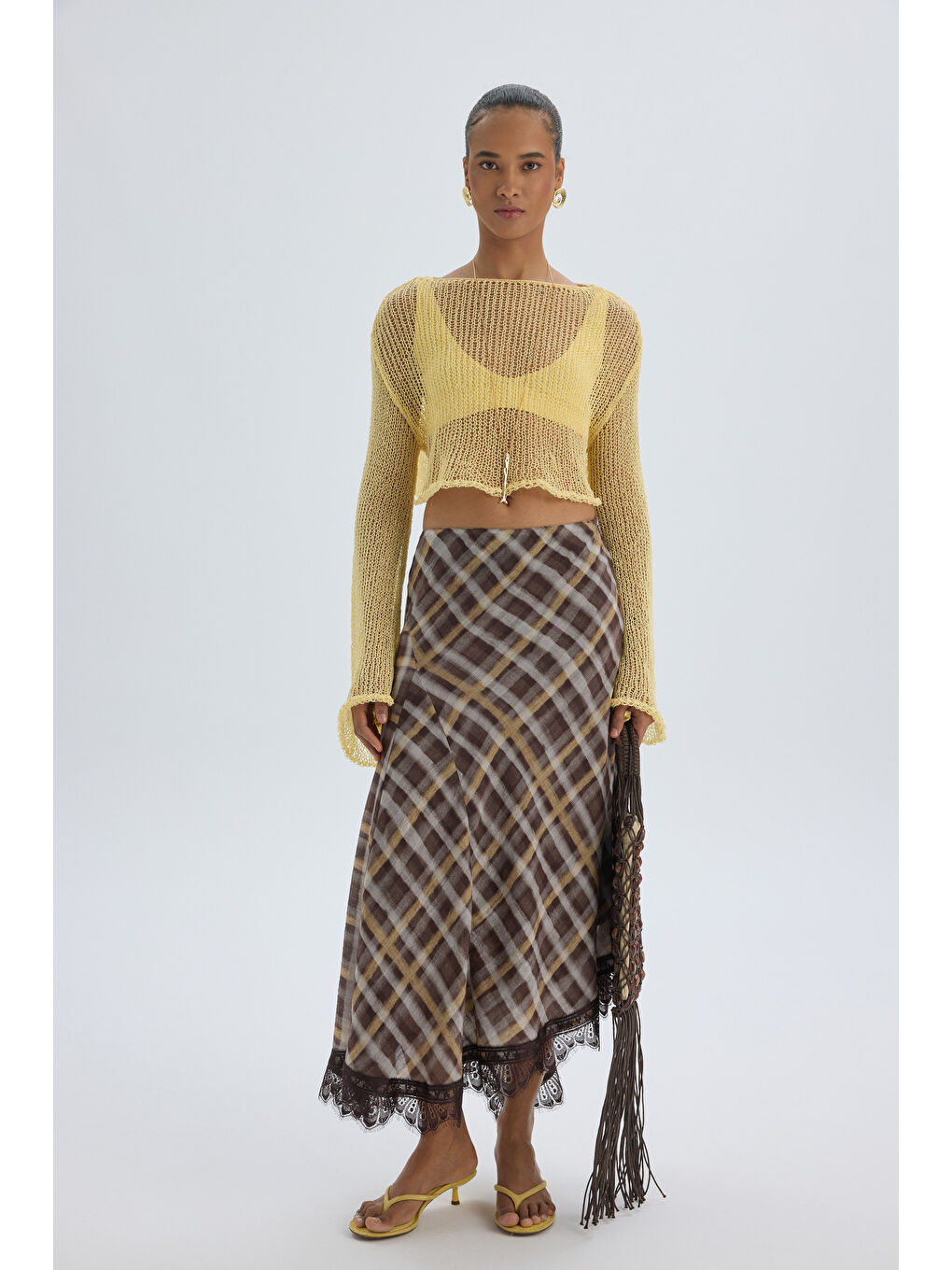 Maffy Dantel Detay Ekoseli Sarı Midi Etek-1