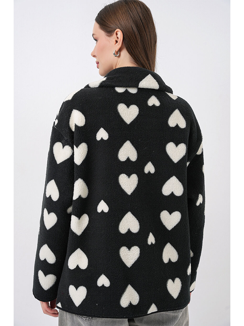 55446 Fermuarlı Oversize Pelüş Ceket Mont - K. Siyah-6