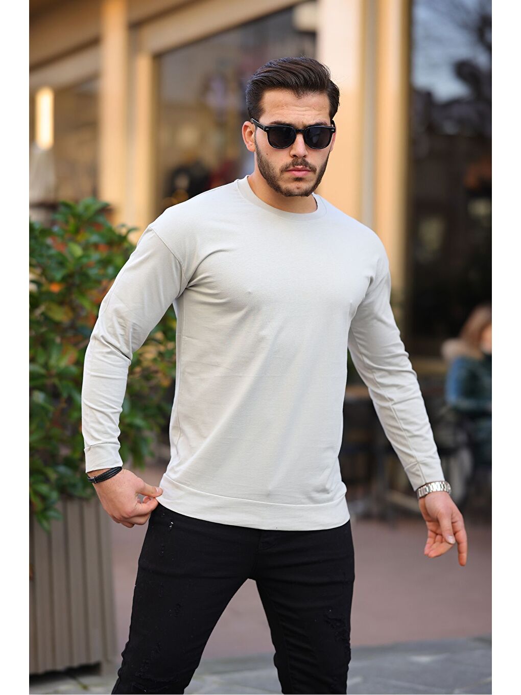 Bej Sıfır Yaka Oversize Sweatshirt-3