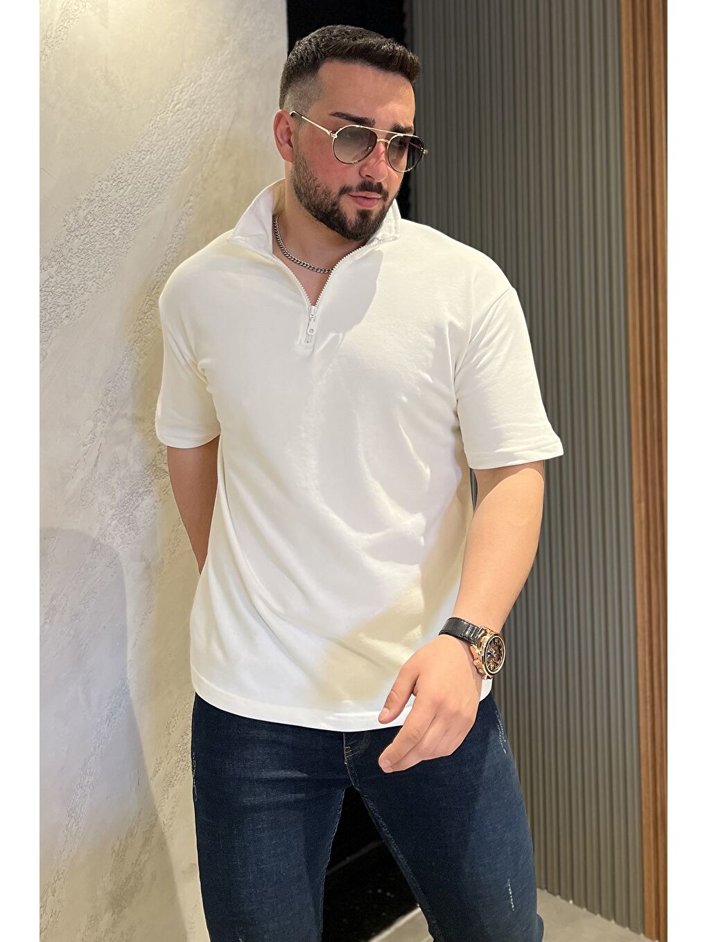 Ekru Erkek Polo Yaka Yarım Fermuarlı Oversize Tişört