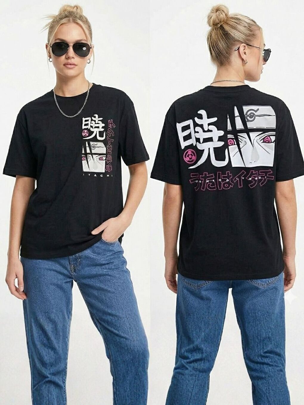 Siyah Penye Anime Baskılı tişört-1