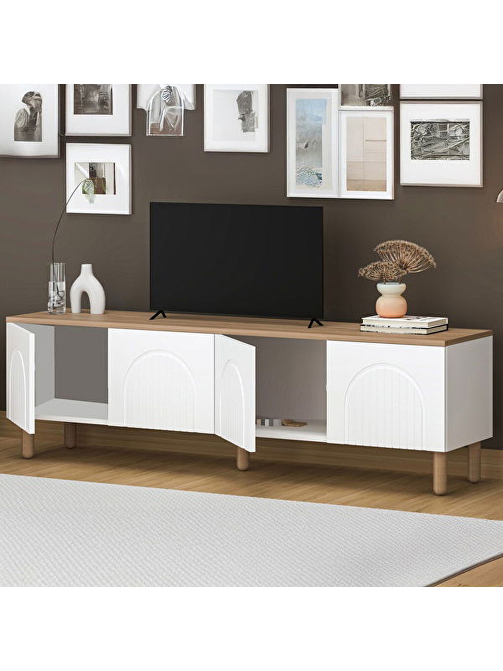 4 Kapaklı Bohem Tv Ünitesi - Beyaz / Sepet - 55x44x180 cm-1