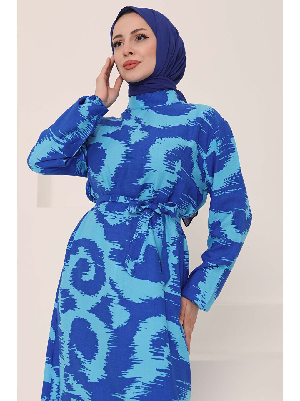 Desenli Kuşaklı Elbise Mavi - 27039-1