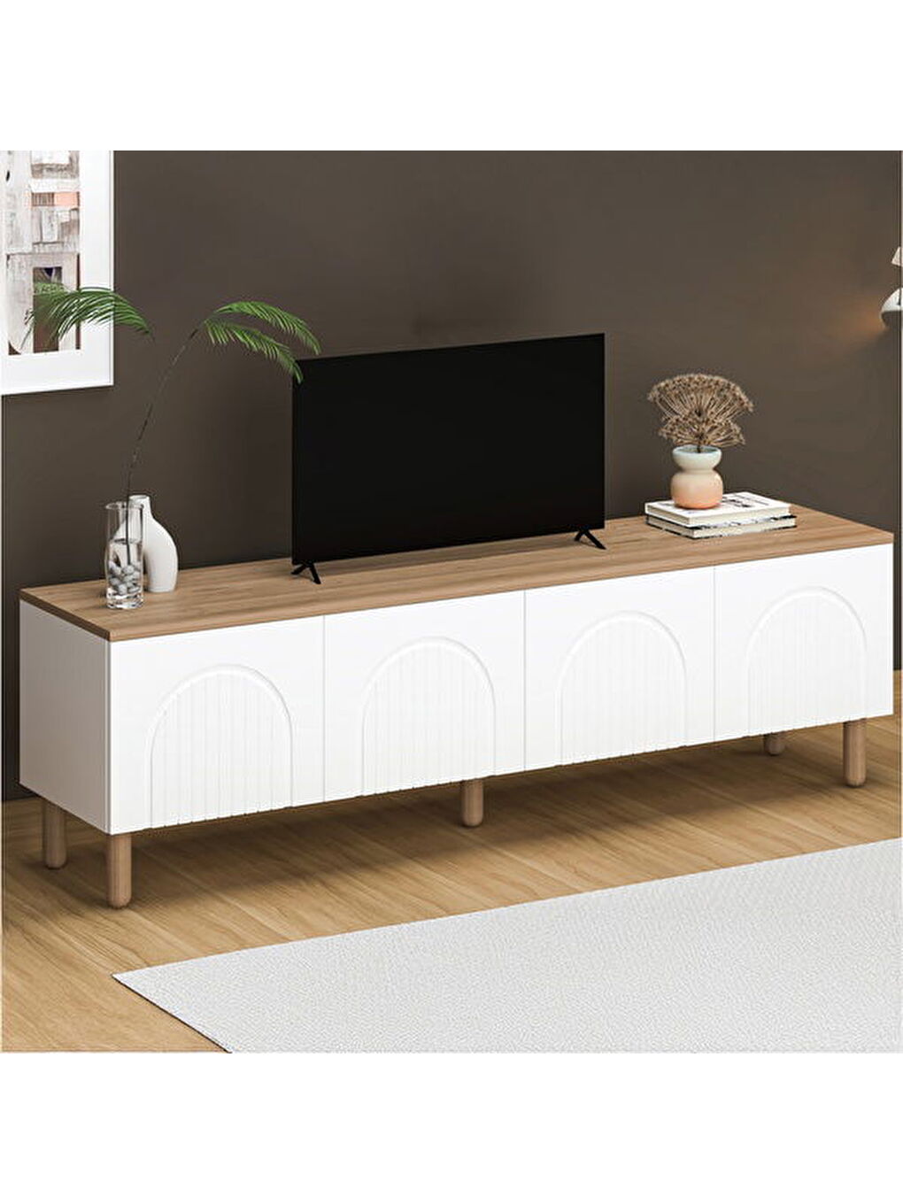 4 Kapaklı Bohem Tv Ünitesi - Beyaz / Sepet - 55x44x180 cm-5