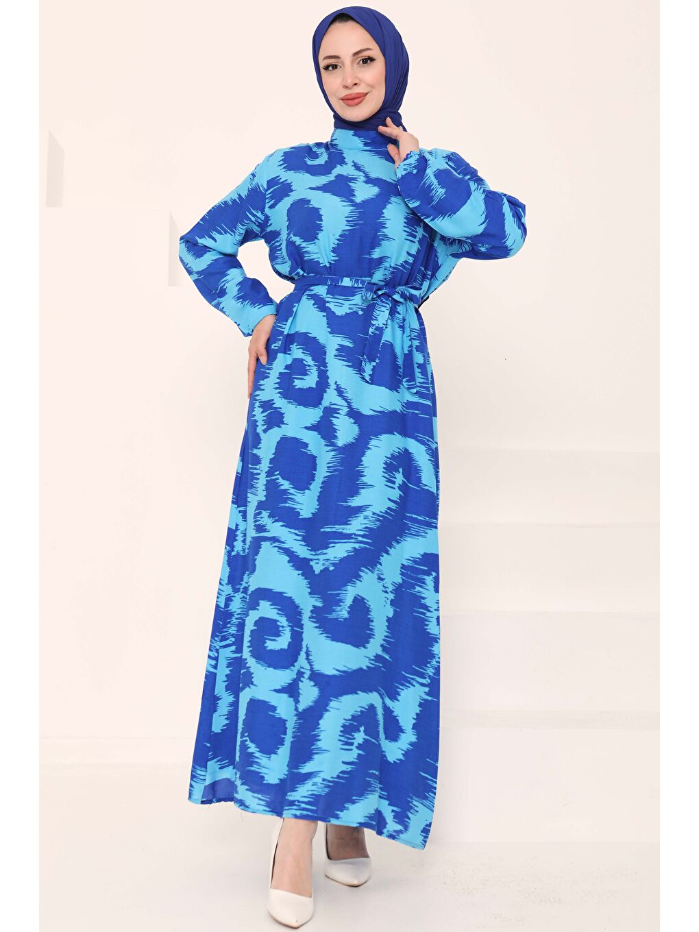 Desenli Kuşaklı Elbise Mavi - 27039-2