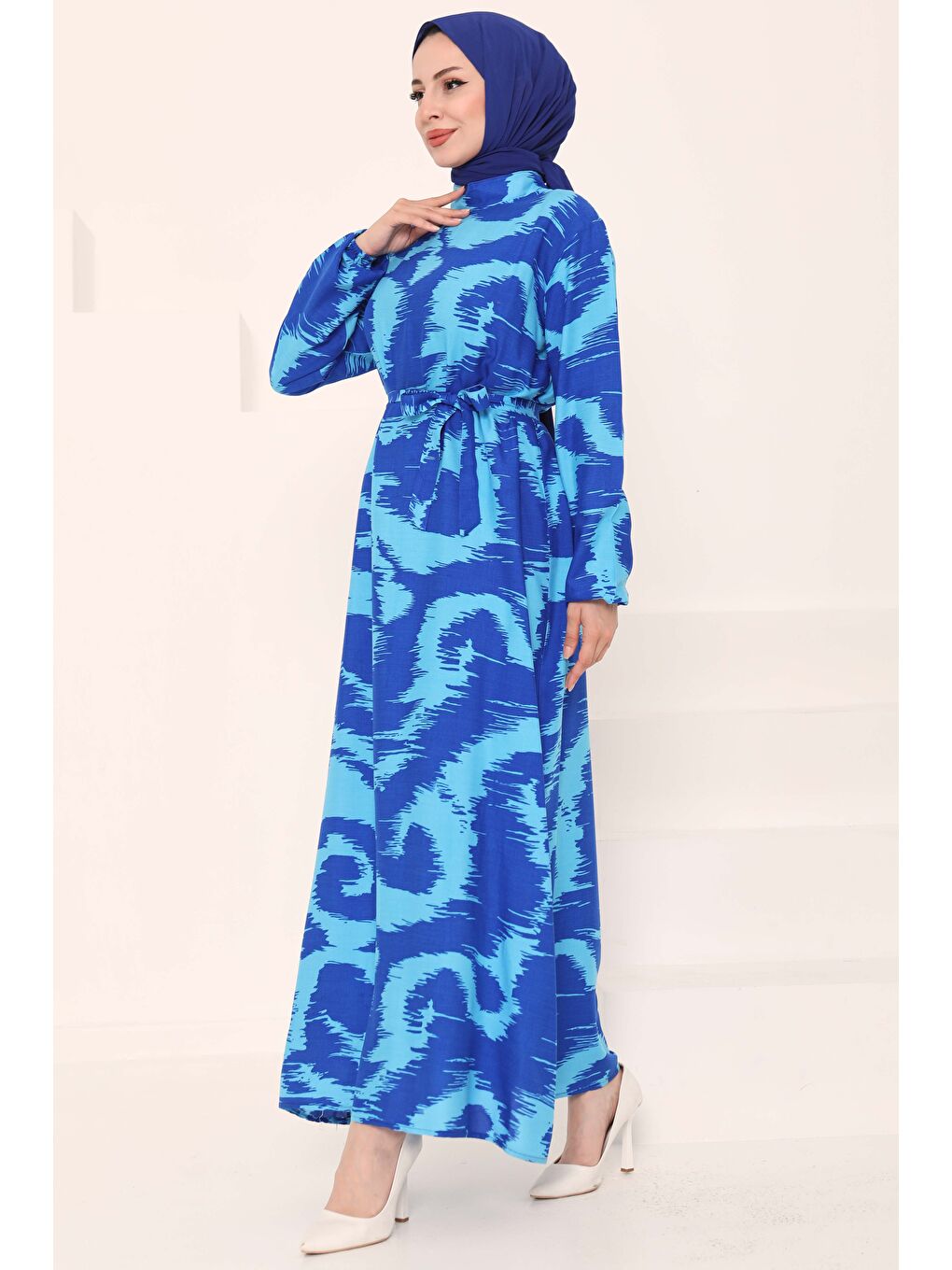 Desenli Kuşaklı Elbise Mavi - 27039-3