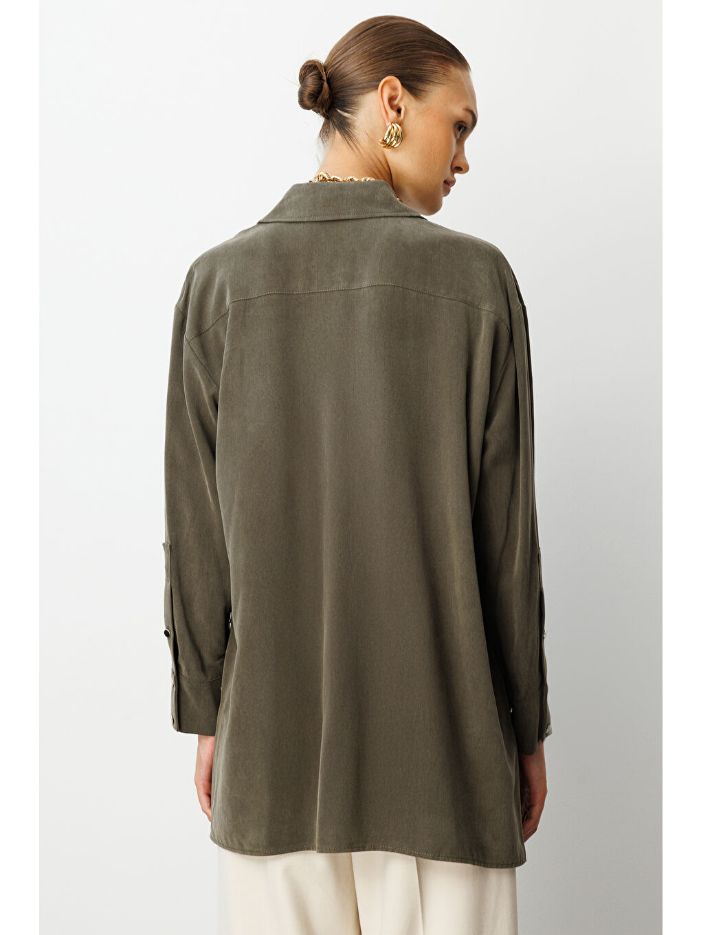 Yan Düğmeli Haki Cupro Tunik-5