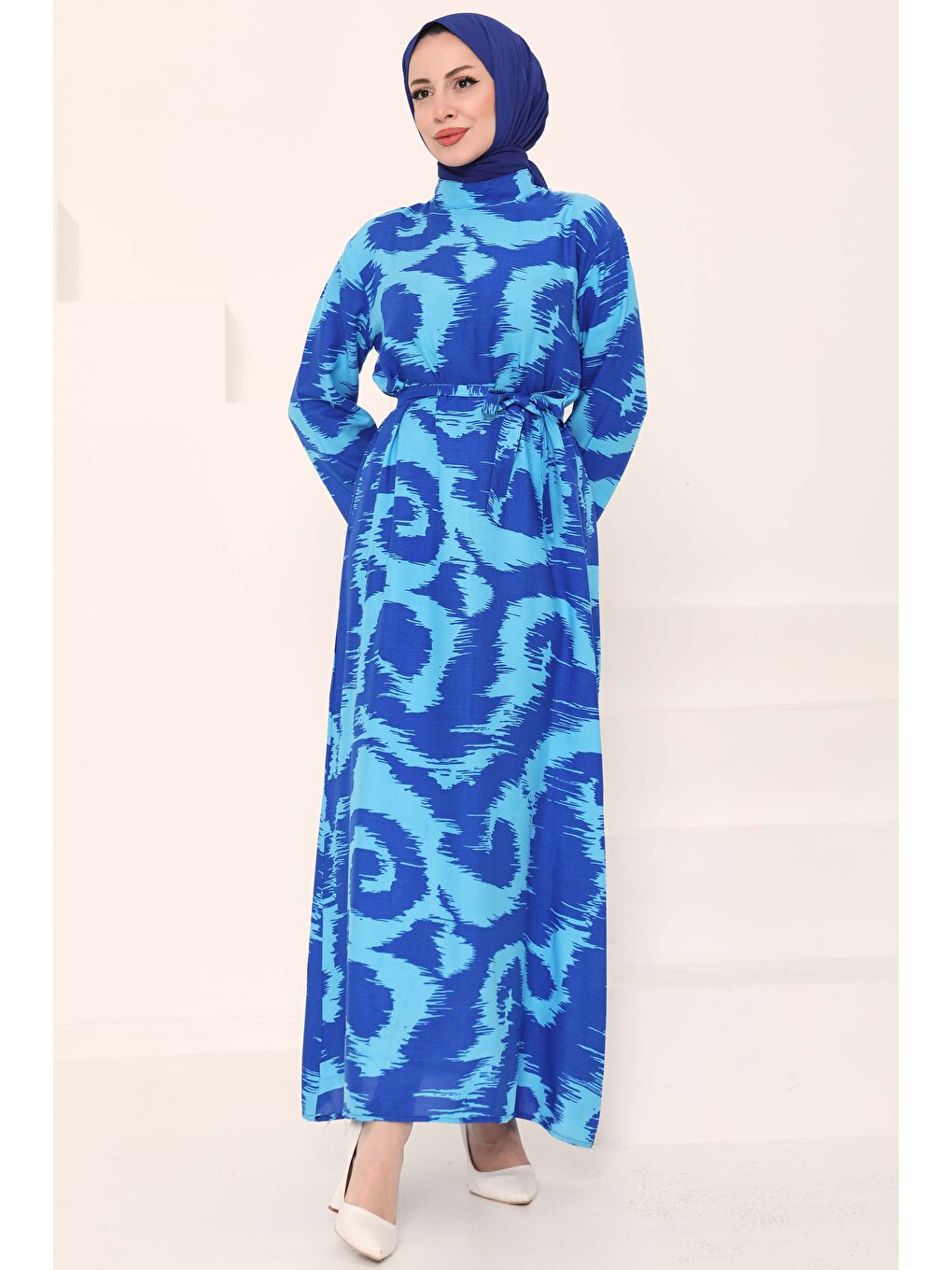 Desenli Kuşaklı Elbise Mavi - 27039-4