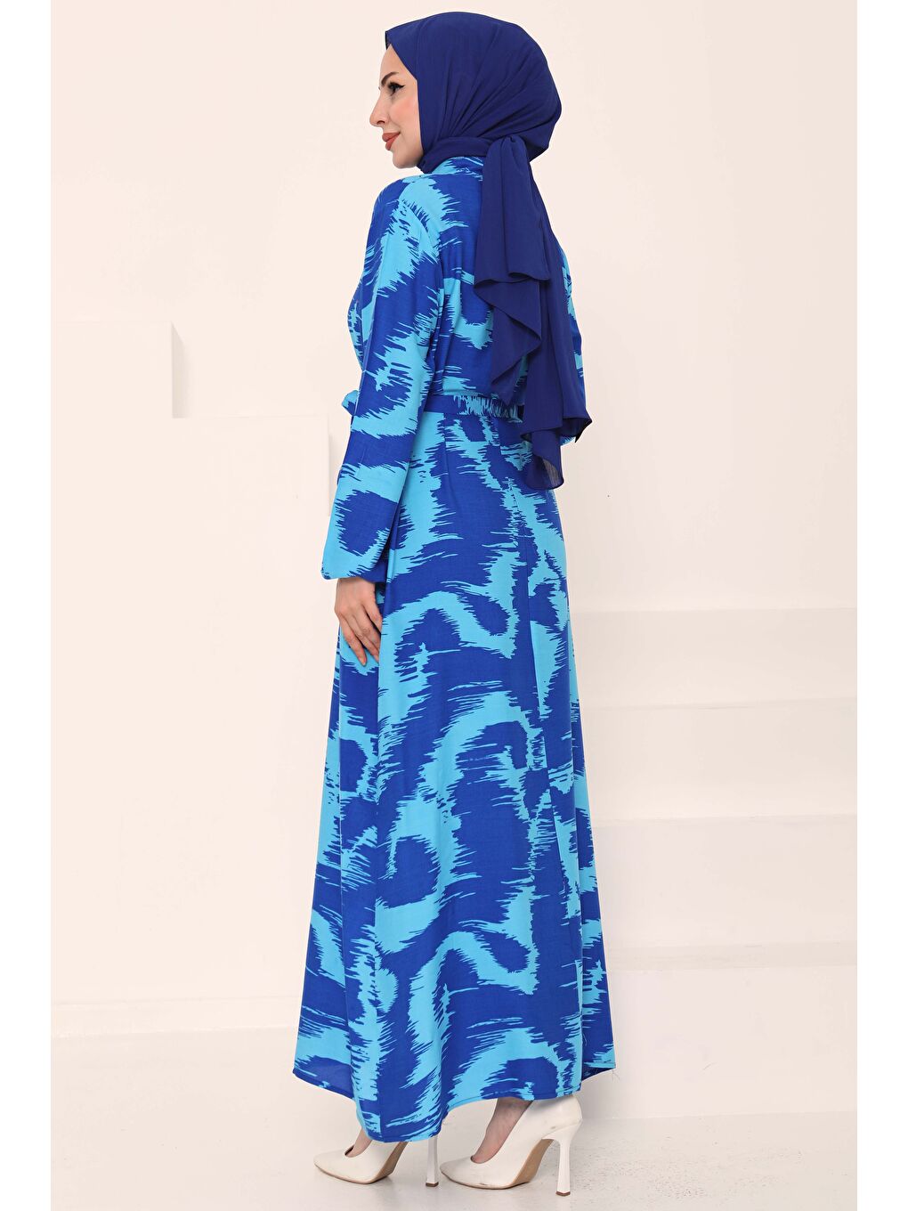 Desenli Kuşaklı Elbise Mavi - 27039-5