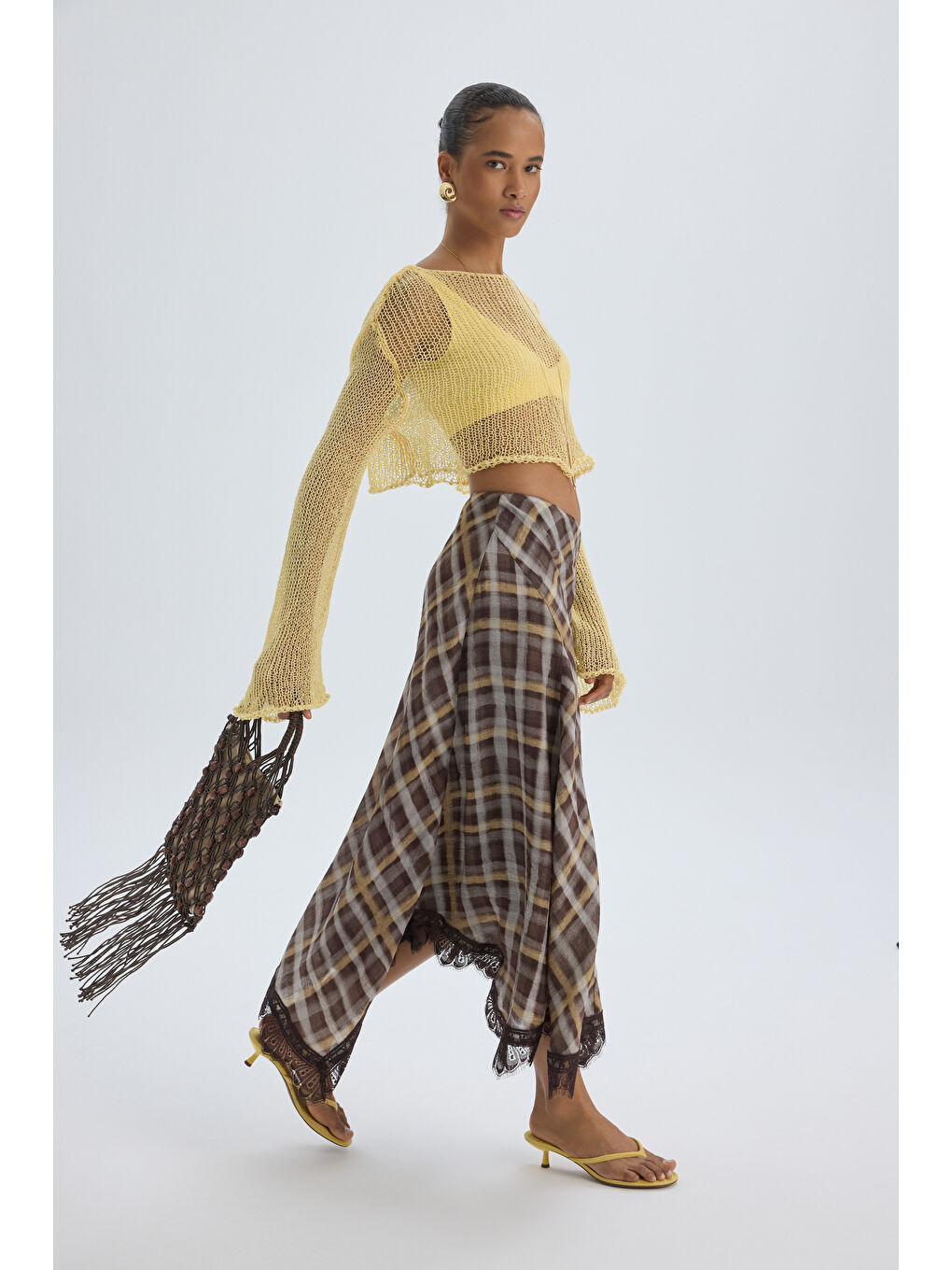 Maffy Dantel Detay Ekoseli Sarı Midi Etek-2