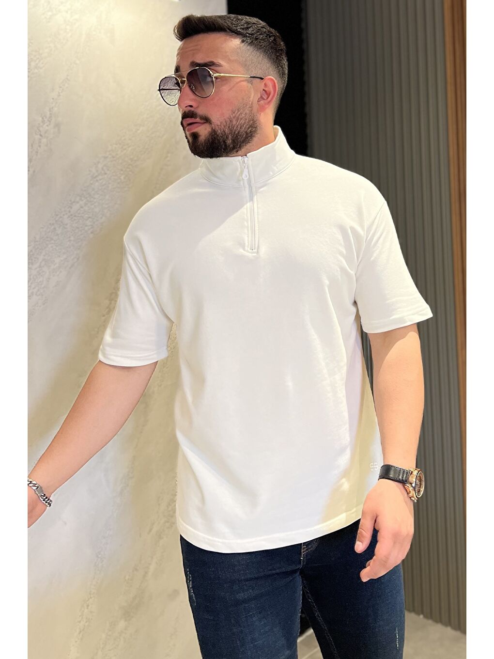 Ekru Erkek Polo Yaka Yarım Fermuarlı Oversize Tişört-1