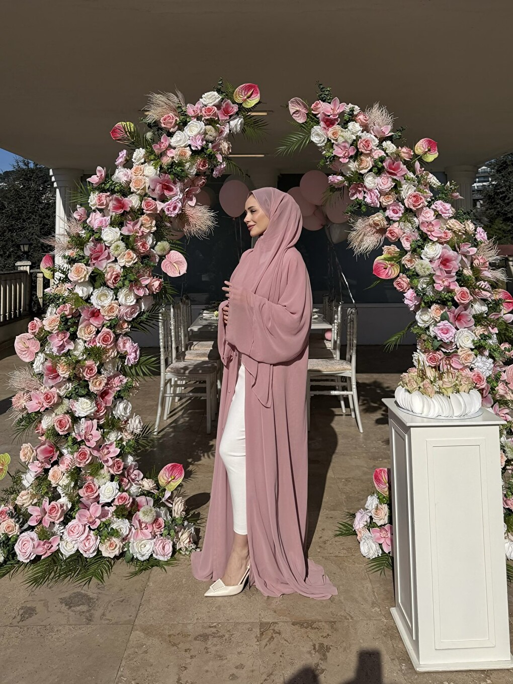 Pembe Kadın Şifon Abaya Ferace & Şal