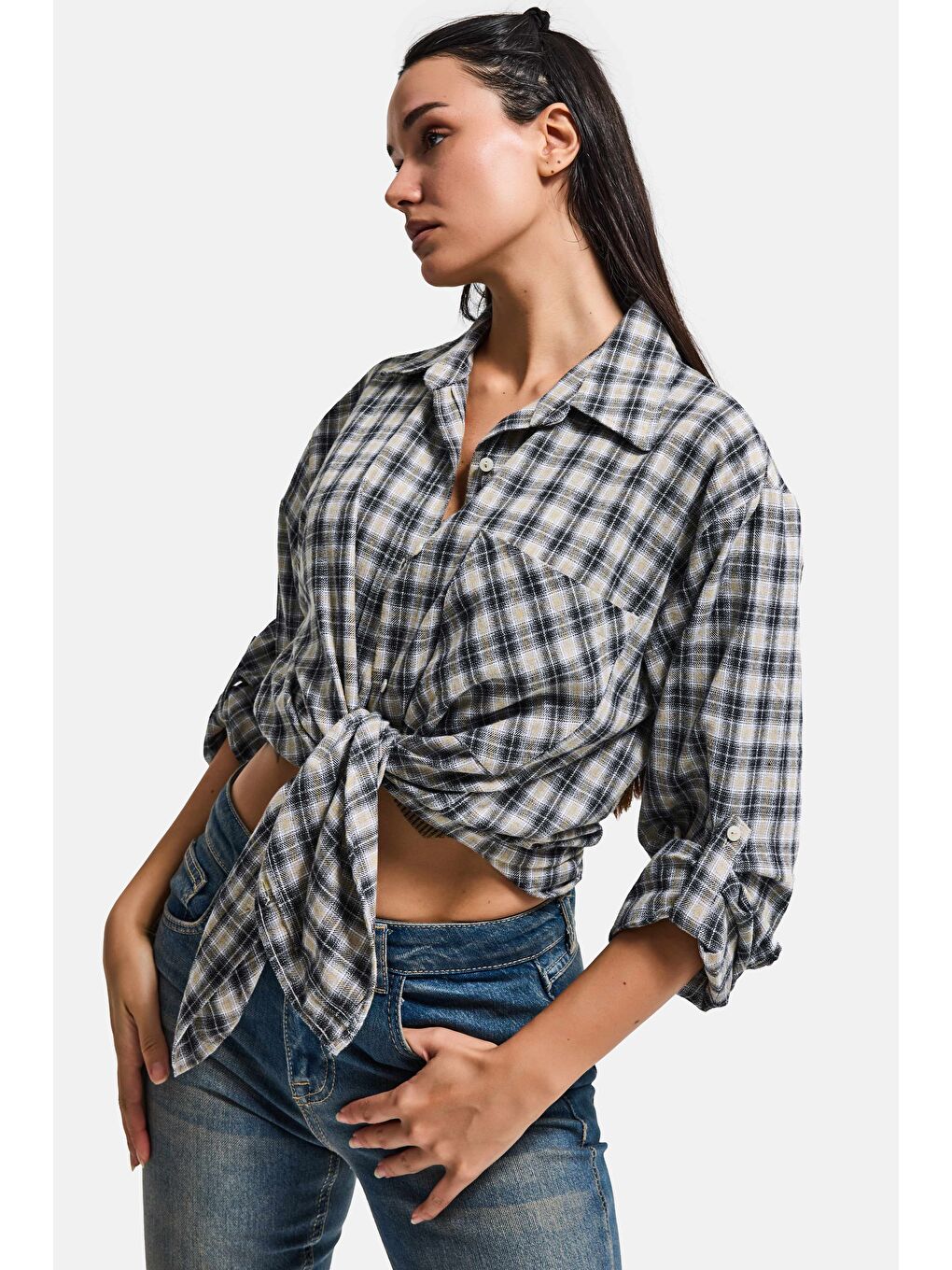 Kadın Siyah Beyaz s6 Ekose-27 Oversize Pamuk Gömlek-2