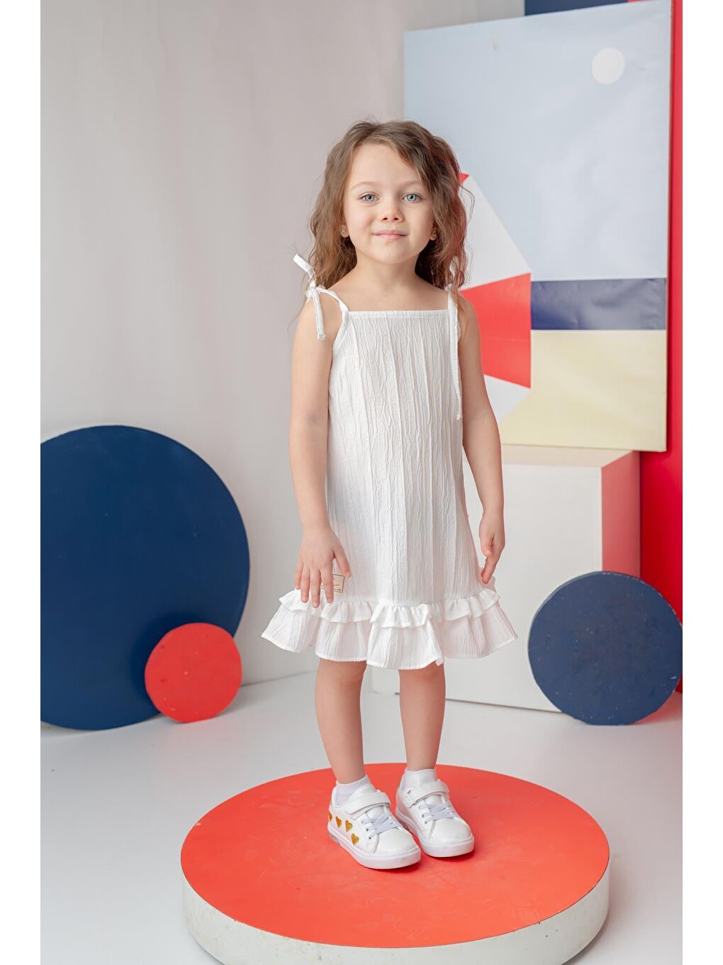 Kız Çocuk Fırfırlı Askılı Elbise - Beyaz-1