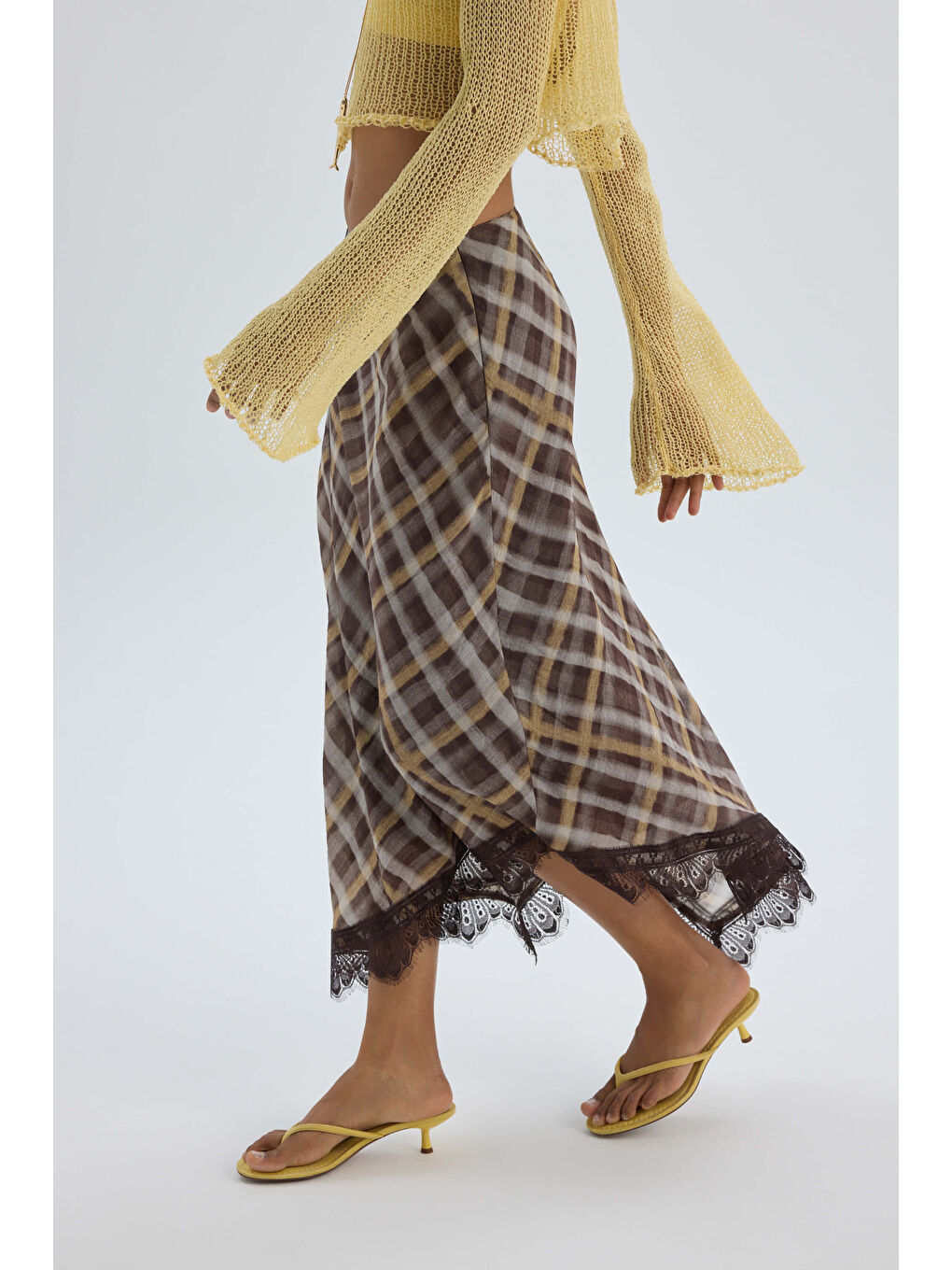 Maffy Dantel Detay Ekoseli Sarı Midi Etek-3