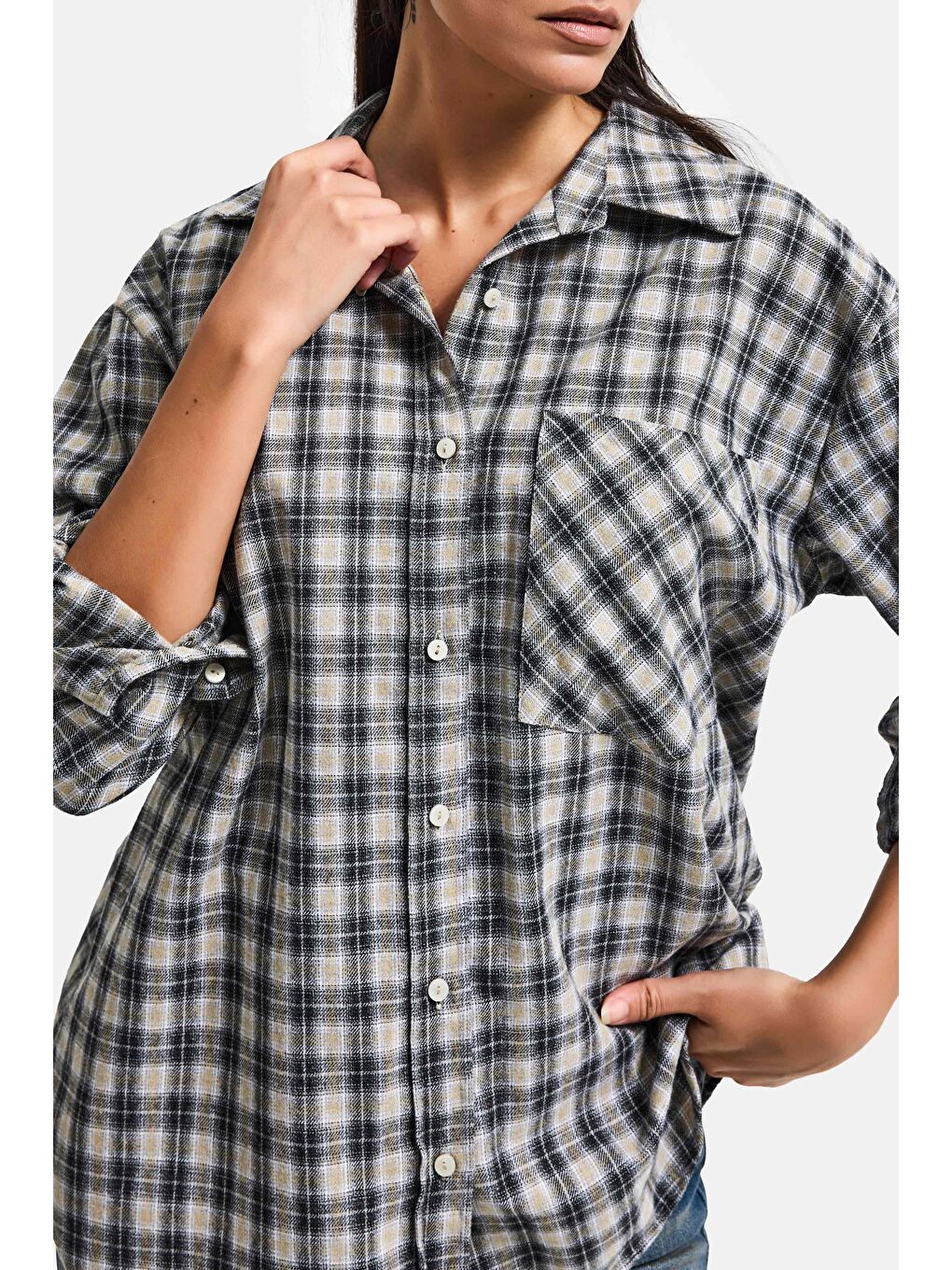 Kadın Siyah Beyaz s6 Ekose-27 Oversize Pamuk Gömlek-3