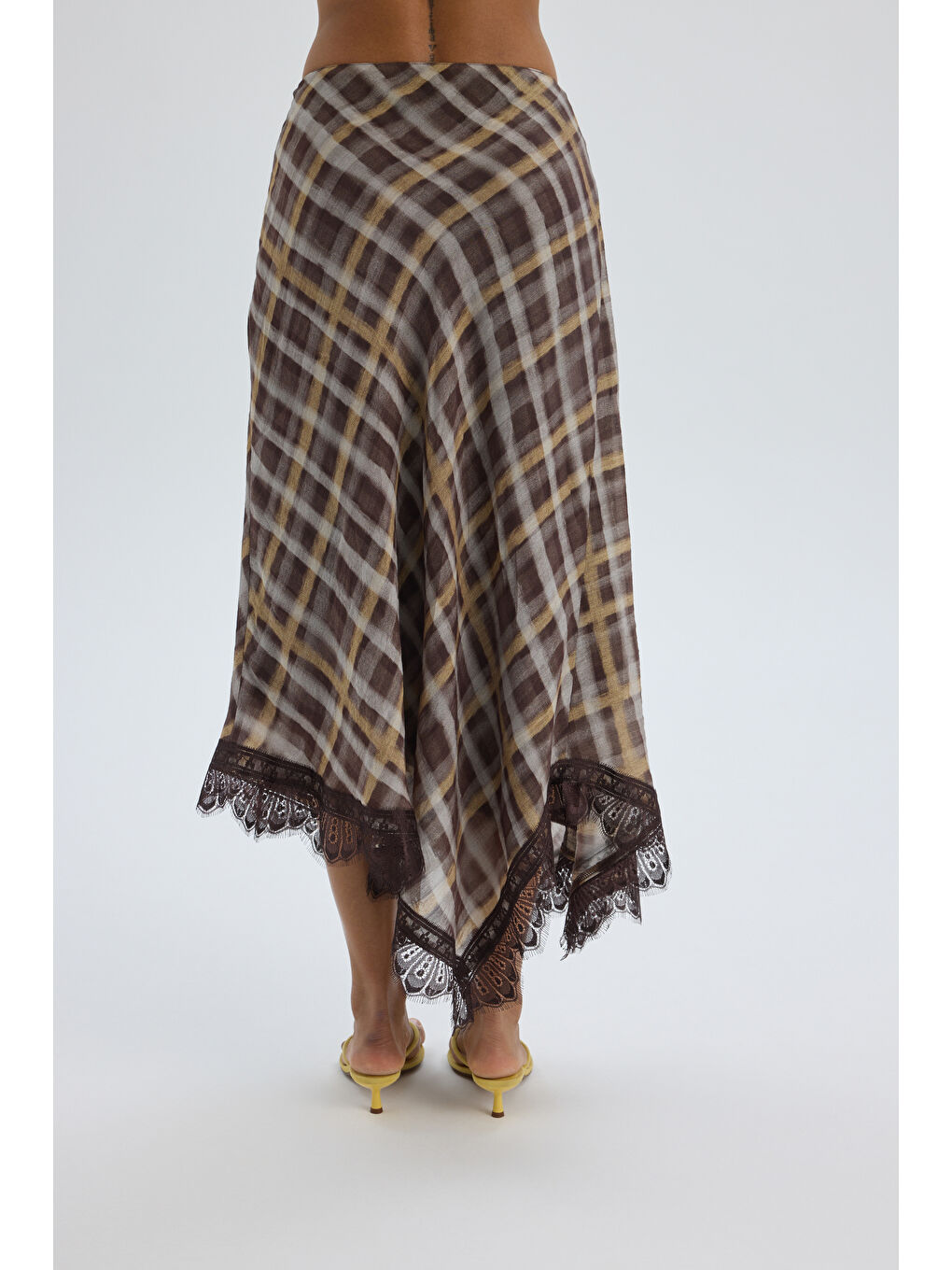 Maffy Dantel Detay Ekoseli Sarı Midi Etek-4