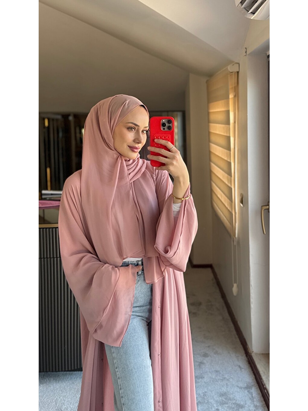 Pembe Kadın Şifon Abaya Ferace & Şal-1