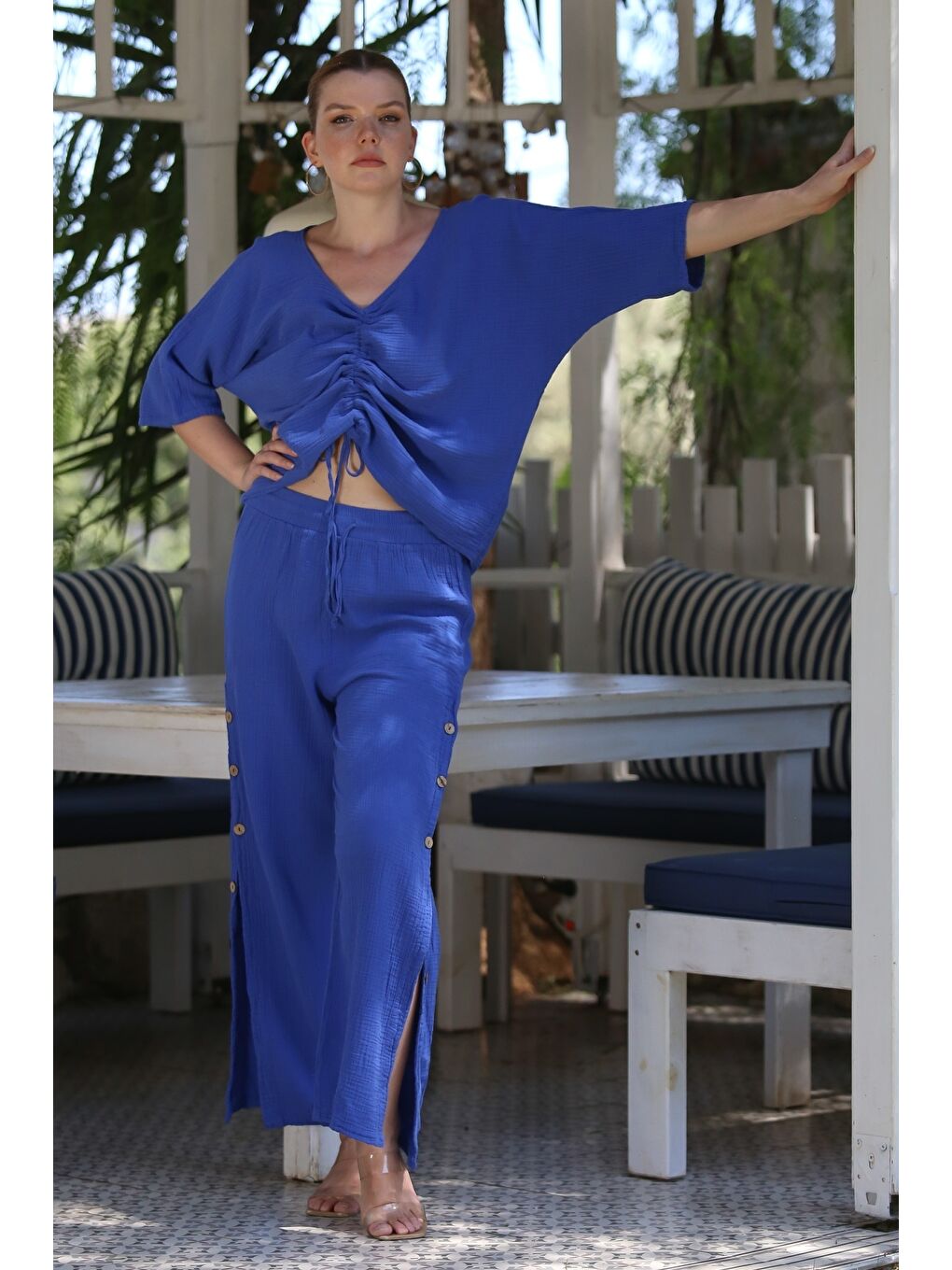 Organik Sertifikalı Pamuk Saks Mavisi Casual Dokuma Alt Üst Takım 55-110 65-65-2