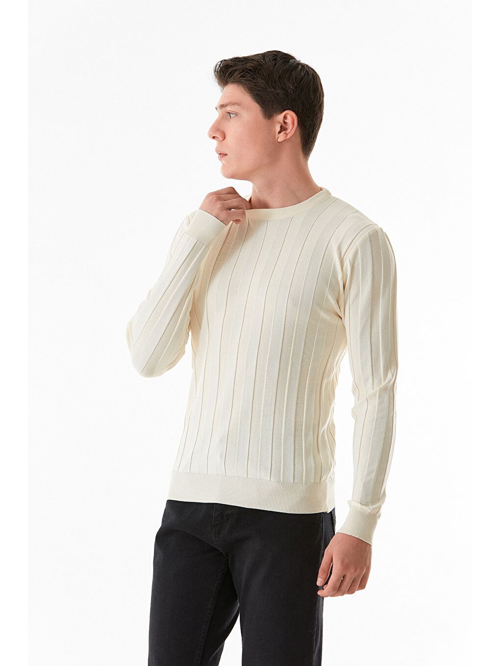 Ekru Şeritli Bisiklet Yaka Triko Kazak