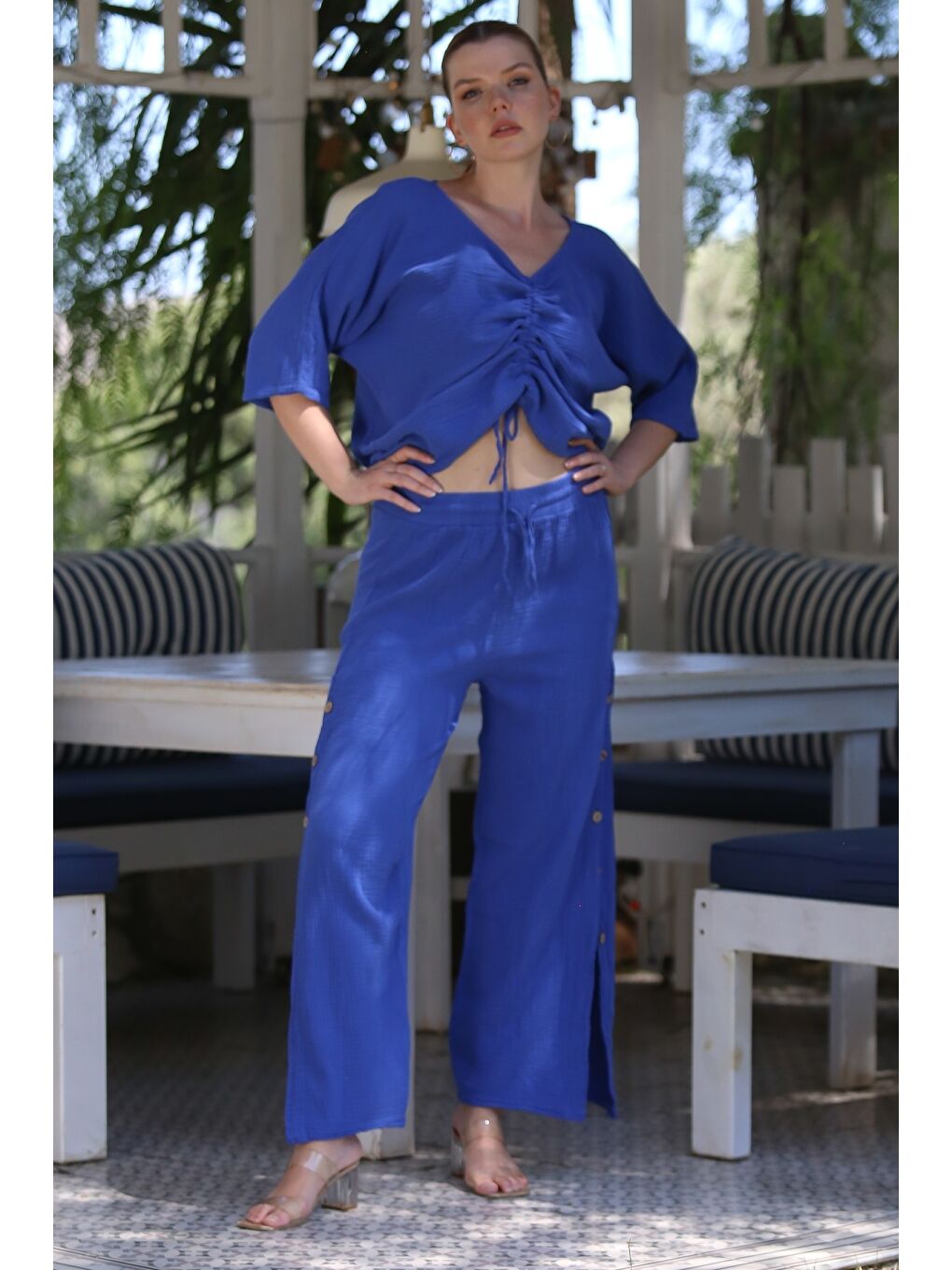 Organik Sertifikalı Pamuk Saks Mavisi Casual Dokuma Alt Üst Takım 55-110 65-65-4