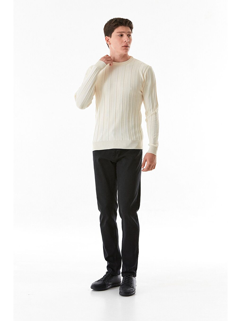 Ekru Şeritli Bisiklet Yaka Triko Kazak-1