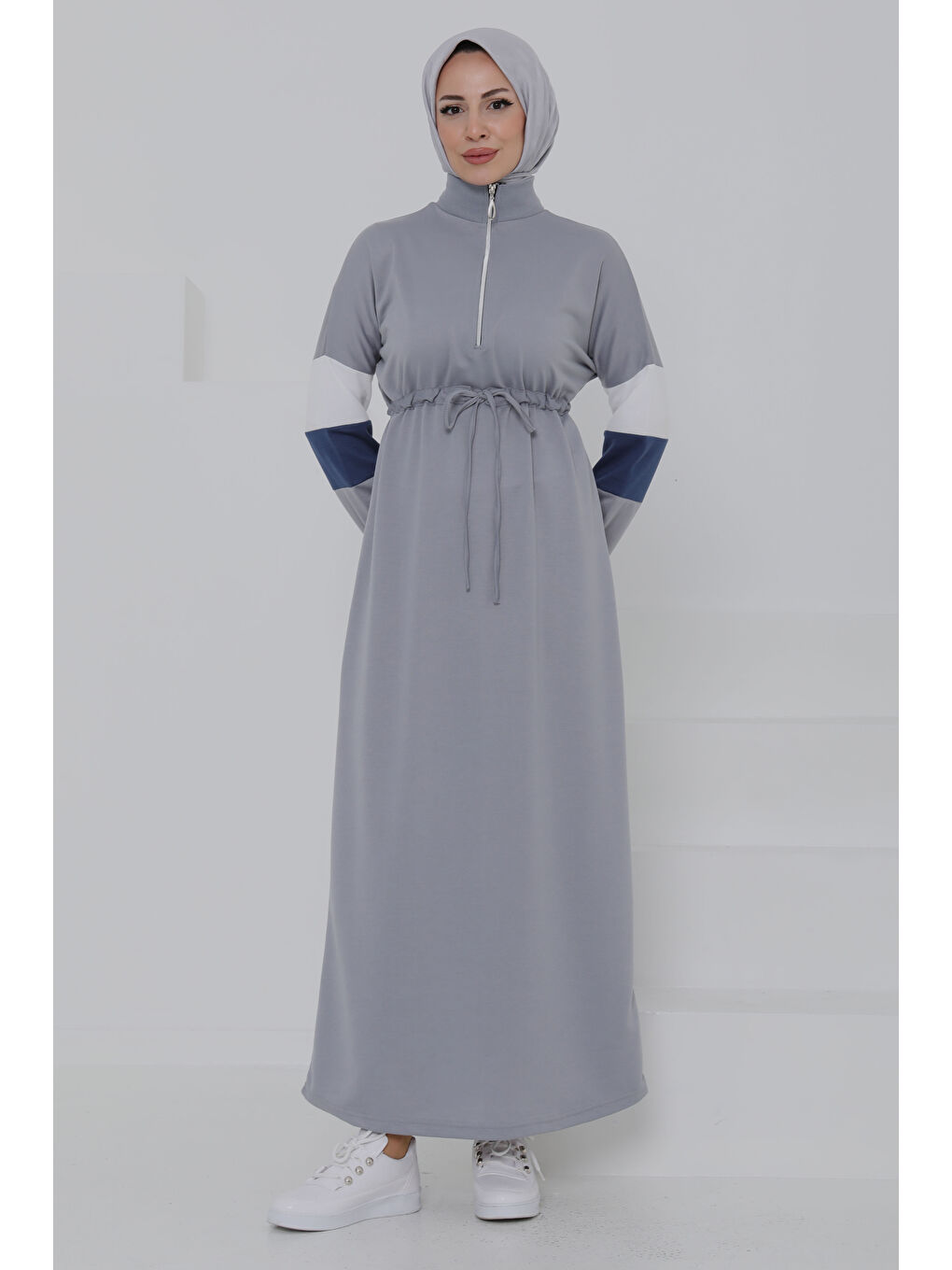 Garnili Fermuarlı Elbise Gri - 27047