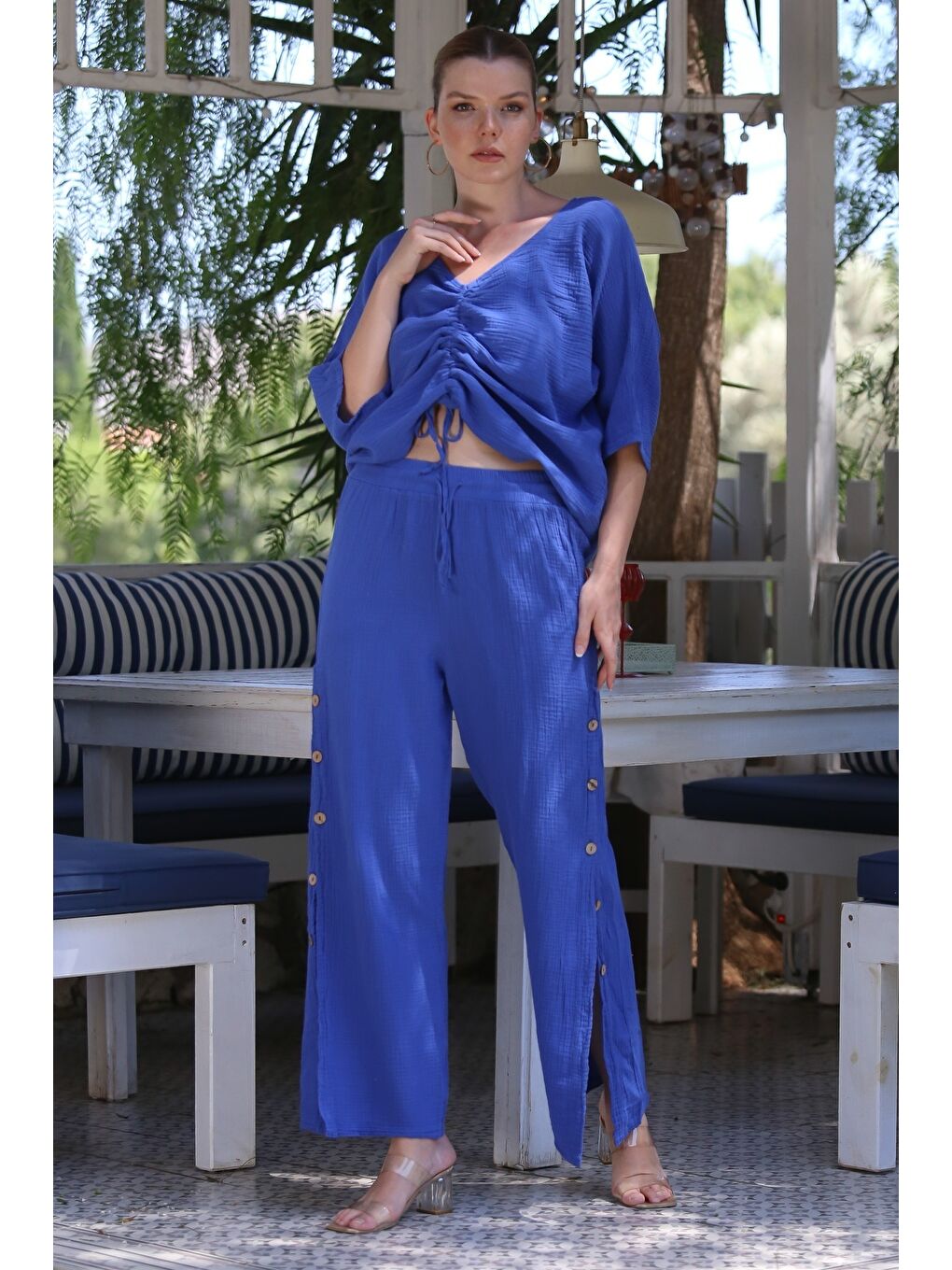 Organik Sertifikalı Pamuk Saks Mavisi Casual Dokuma Alt Üst Takım 55-110 65-65-5