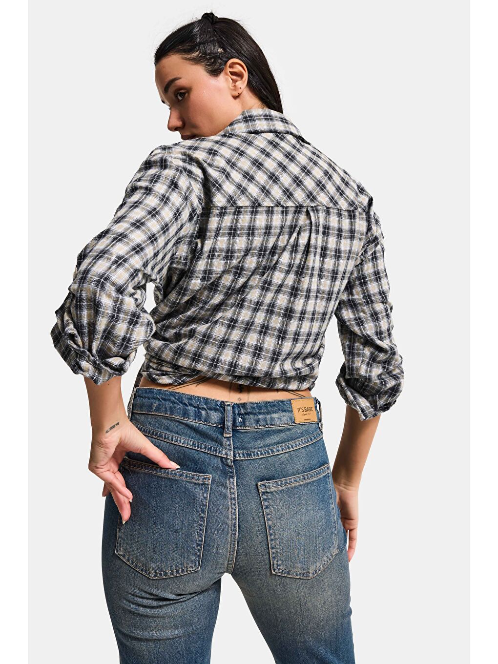 Kadın Siyah Beyaz s6 Ekose-27 Oversize Pamuk Gömlek-4