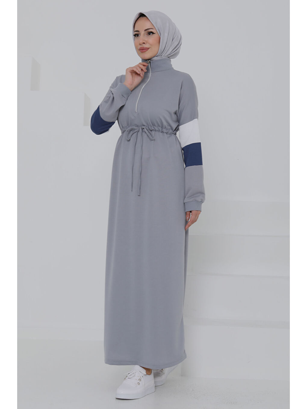 Garnili Fermuarlı Elbise Gri - 27047-1