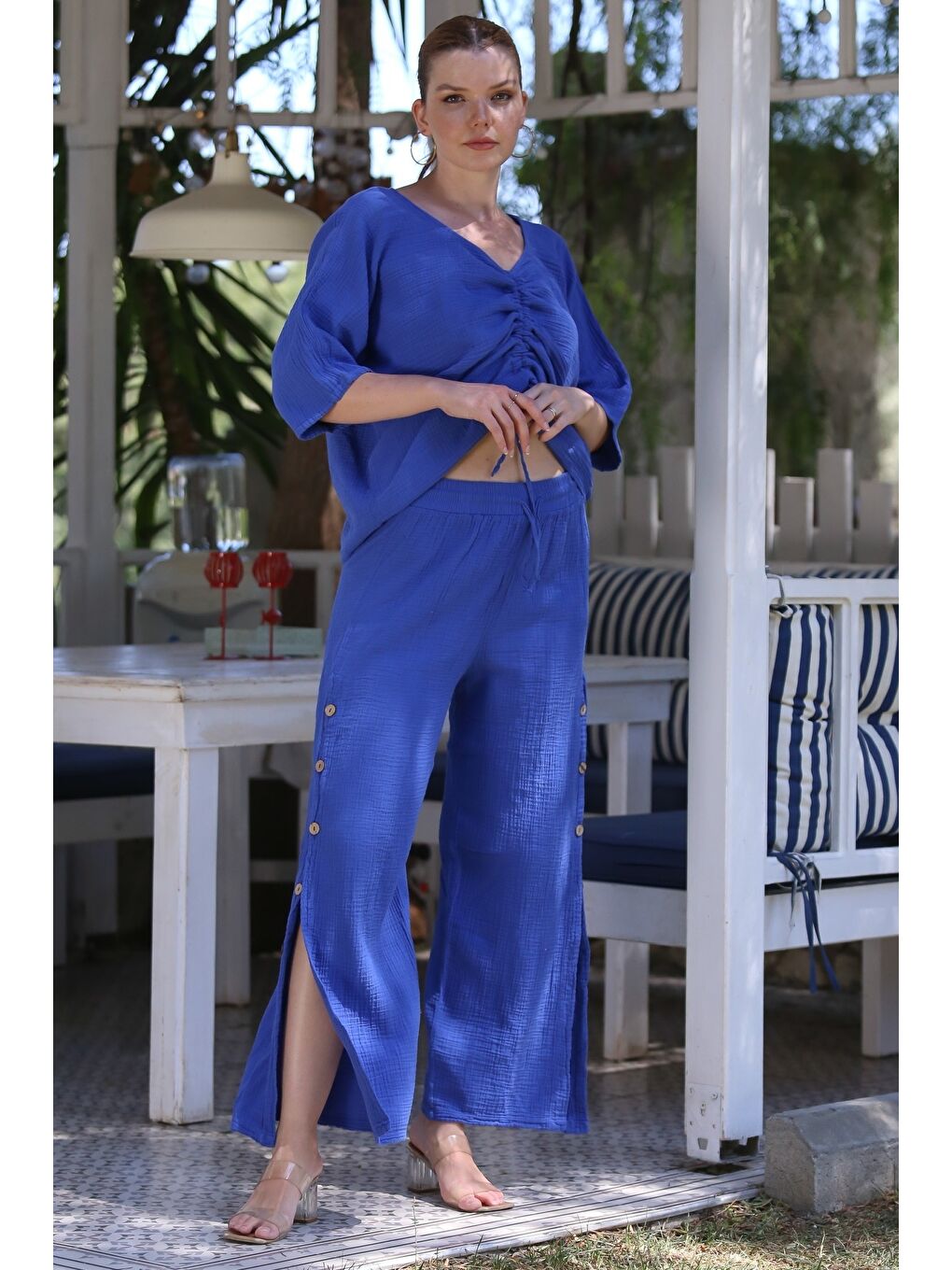 Organik Sertifikalı Pamuk Saks Mavisi Casual Dokuma Alt Üst Takım 55-110 65-65-7