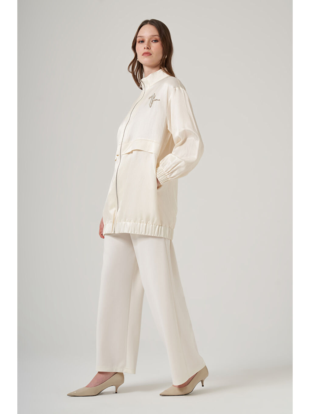 Taş Detay Kap Ceket 6043 Ekru-1