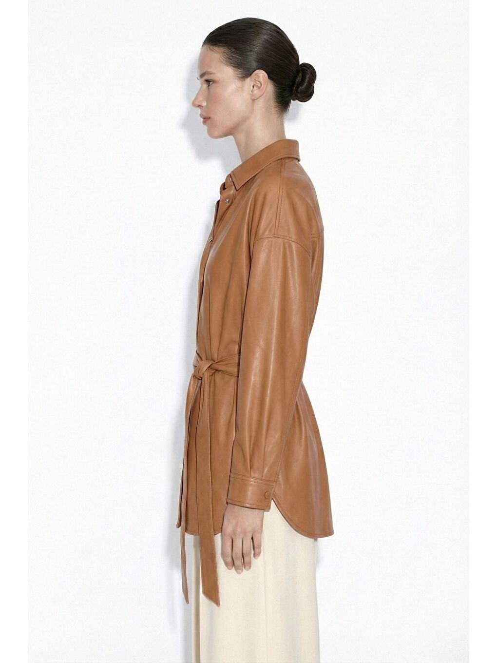 Kahverengi Deri görünümlü Kuşaklı Camel Gömlek Tunik-1
