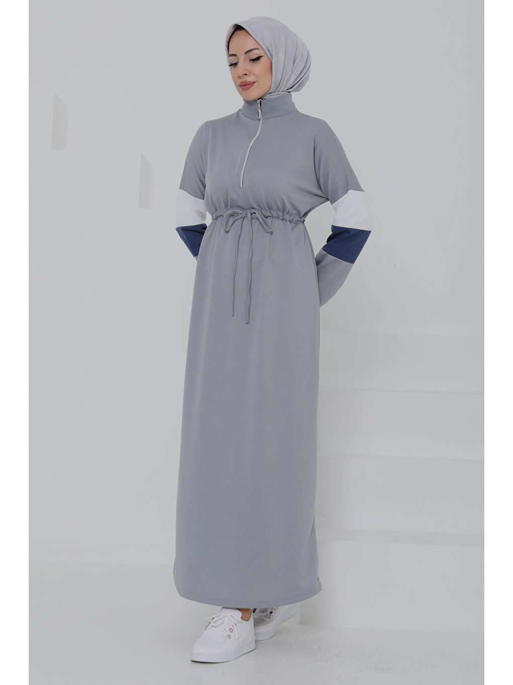 Garnili Fermuarlı Elbise Gri - 27047-2