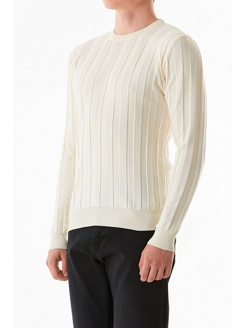 Ekru Şeritli Bisiklet Yaka Triko Kazak-4