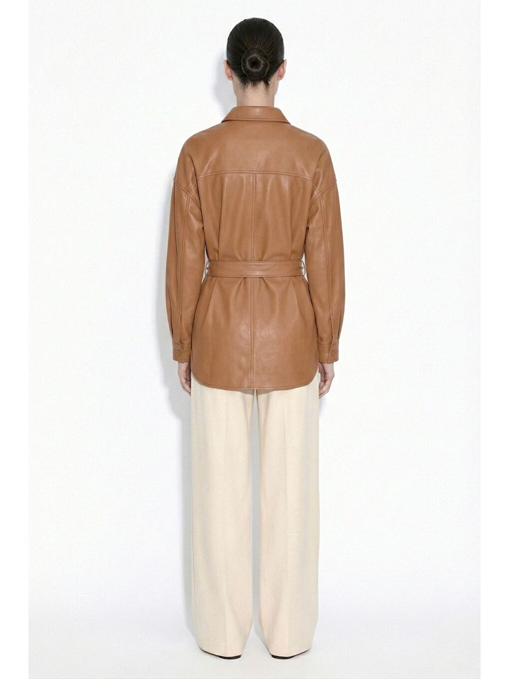 Kahverengi Deri görünümlü Kuşaklı Camel Gömlek Tunik-2