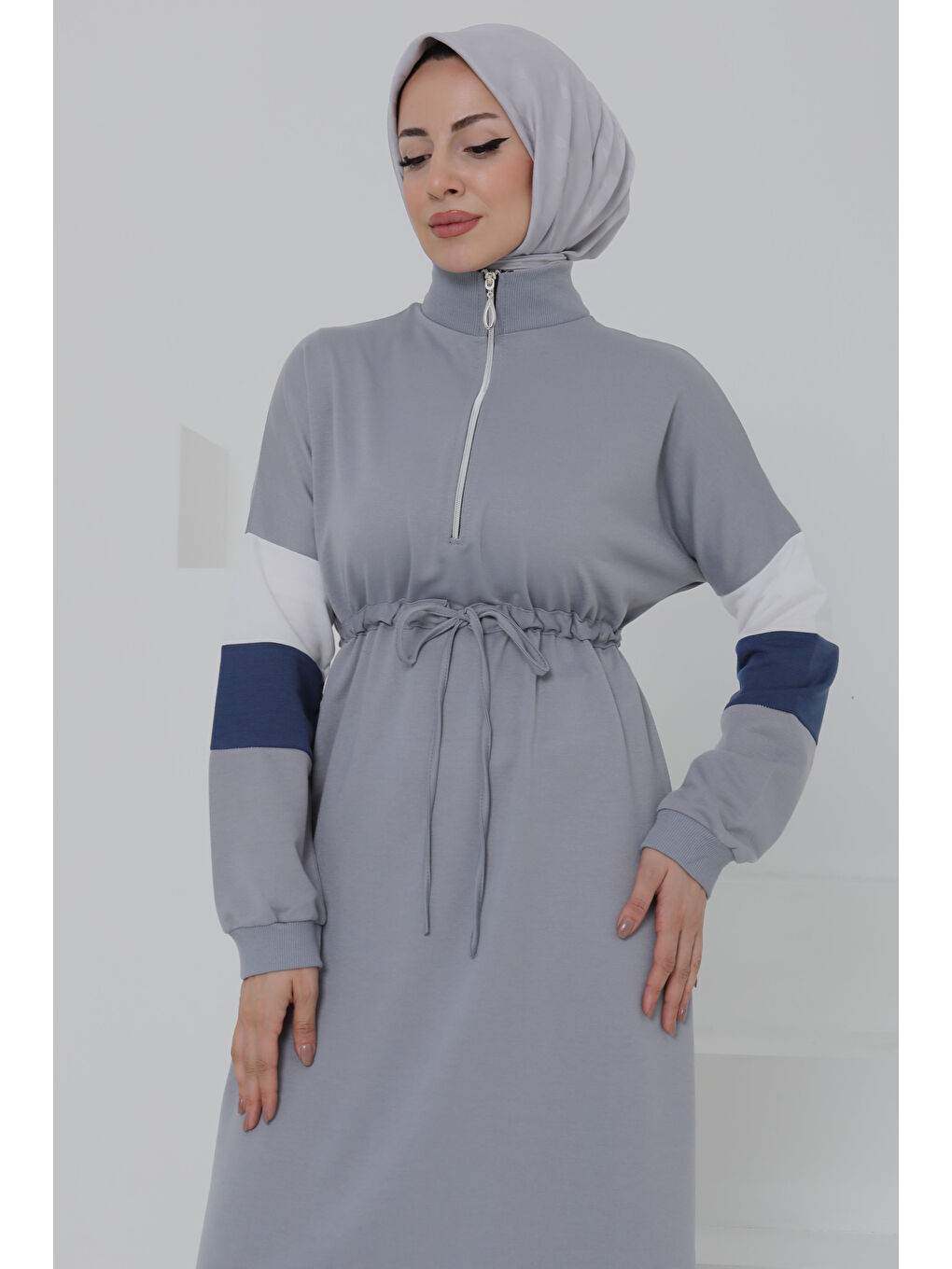 Garnili Fermuarlı Elbise Gri - 27047-3